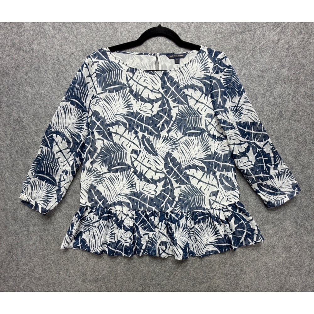 Brooks Brothers 346 Womens Navy White Tropical Palm Clip Dot Peplum Blouse 10